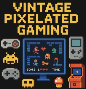 Pixel art illustration of a colorful retro gaming setup featuring a classic arcade machine, handheld console, pixelated characters, and vibrant 8-bit scenery evoking nostalgic gaming culture